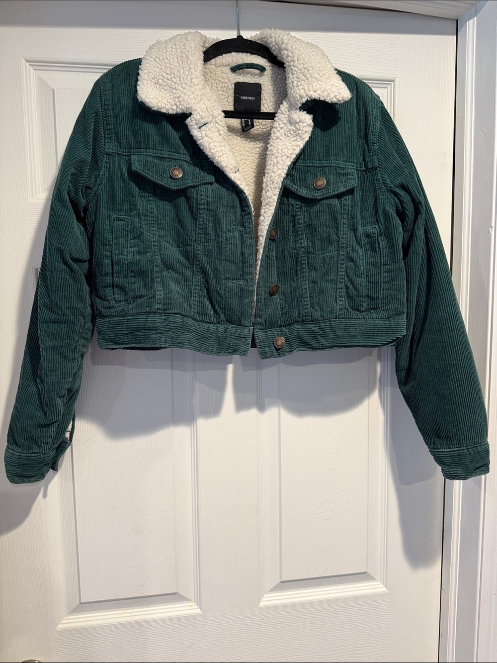 Forever 21 Dark Green Corduroy Teddy-Lined Cropped Jacket